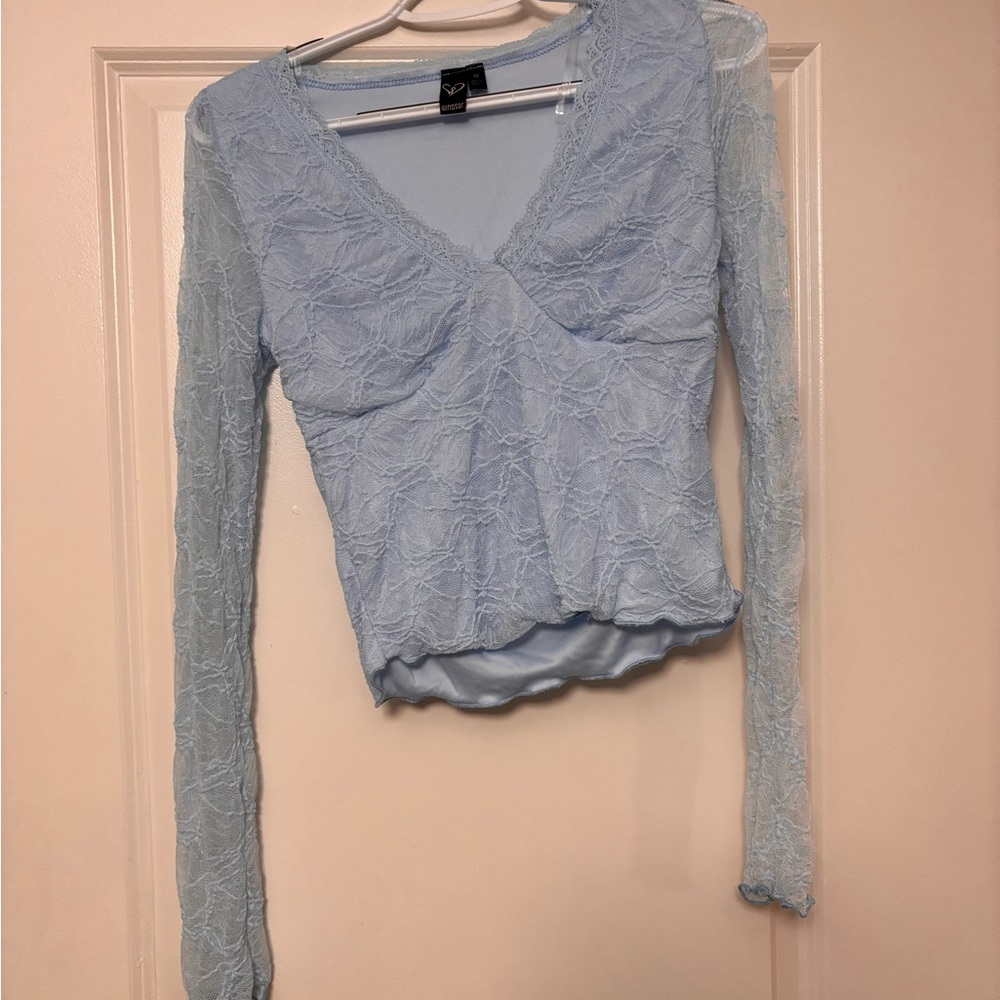 Windsor Light Blue Lace V-Neck Long Sleeve Crop Top